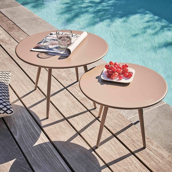 OVIALA - Table basse de jardin ronde en métal taupe 40 cm - Palavas - large
