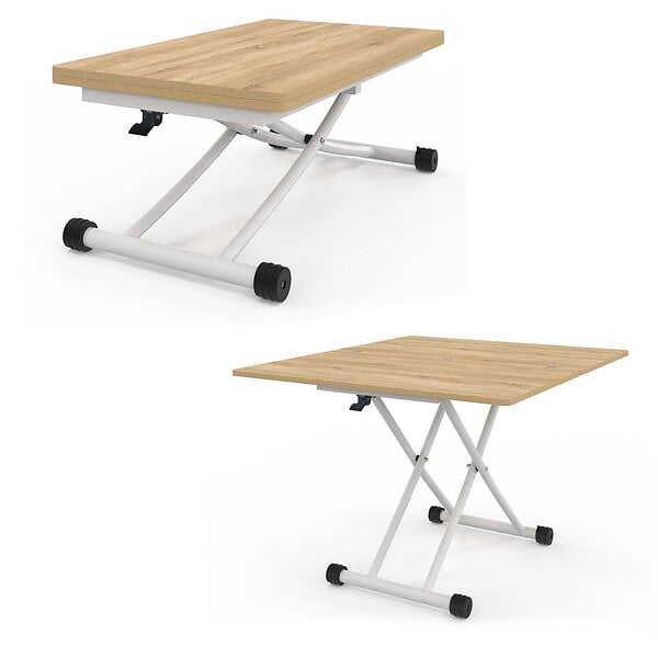 ID MARKET - Table basse 2 en 1 relevable en table à manger rectangulaire URBANA 100 cm bois et blanc - large