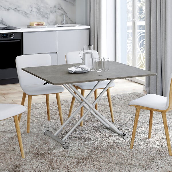 ID MARKET - Table basse 2 en 1 relevable en table à manger rectangulaire URBANA 100 cm effet béton pied gris chromé - large