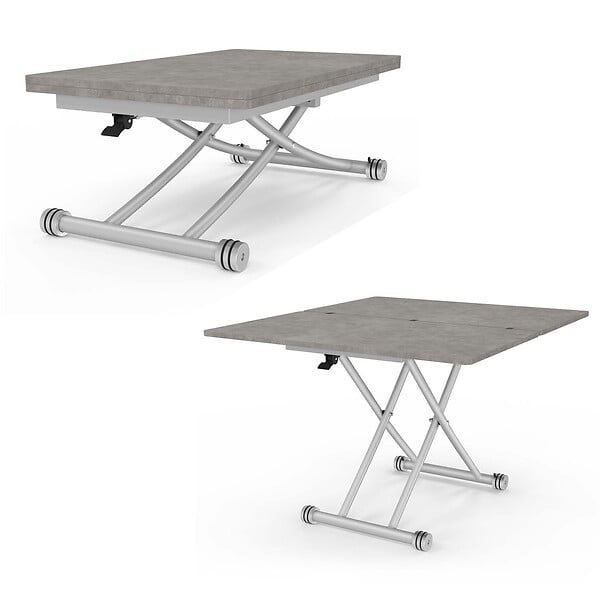 ID MARKET - Table basse 2 en 1 relevable en table à manger rectangulaire URBANA 100 cm effet béton pied gris chromé - large
