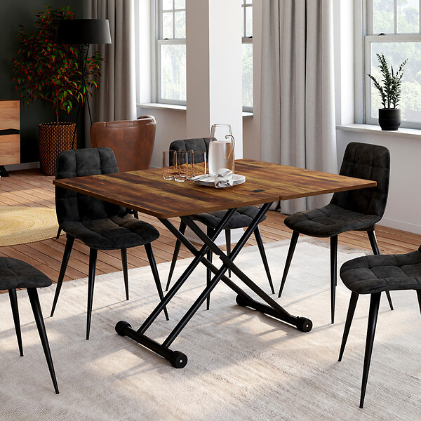 ID MARKET - Table basse 2 en 1 relevable en table à manger rectangulaire URBANA 100 cm bois foncé et noir design industriel - large