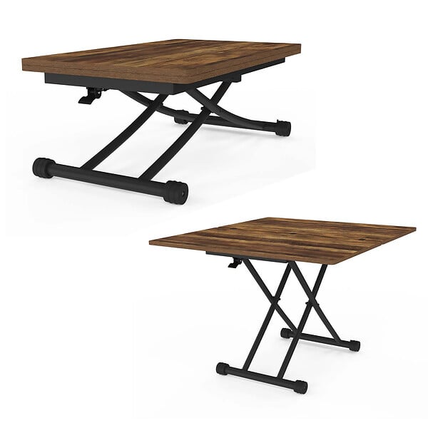 ID MARKET - Table basse 2 en 1 relevable en table à manger rectangulaire URBANA 100 cm bois foncé et noir design industriel - large