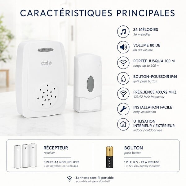 ASLO - Sonnette sans fil Portable 100m 80dB Blanche – Carillon 36 Mélodies IP44 avec Bouton-poussoir Intérieur Extérieur Aslo - large
