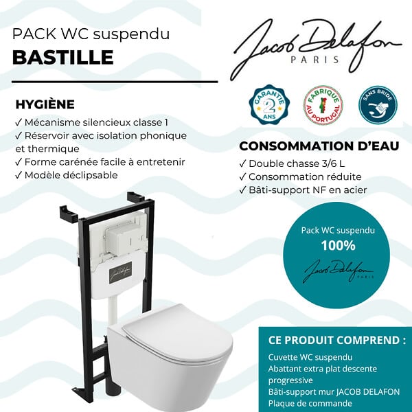 JACOB DELAFON - Pack WC suspendu sans bride Bastille + bâti support + plaque de commande blanche - large