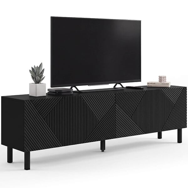 ID MARKET - Meuble TV 180 cm HIMARA 2 portes lattes géométriques bois noir - large