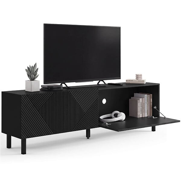 ID MARKET - Meuble TV 180 cm HIMARA 2 portes lattes géométriques bois noir - large