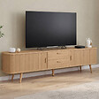 ID MARKET - Meuble TV 200 cm ROMIE 2 portes coulissantes et 2 tiroirs lattes tasseau bois coloris chêne - vignette