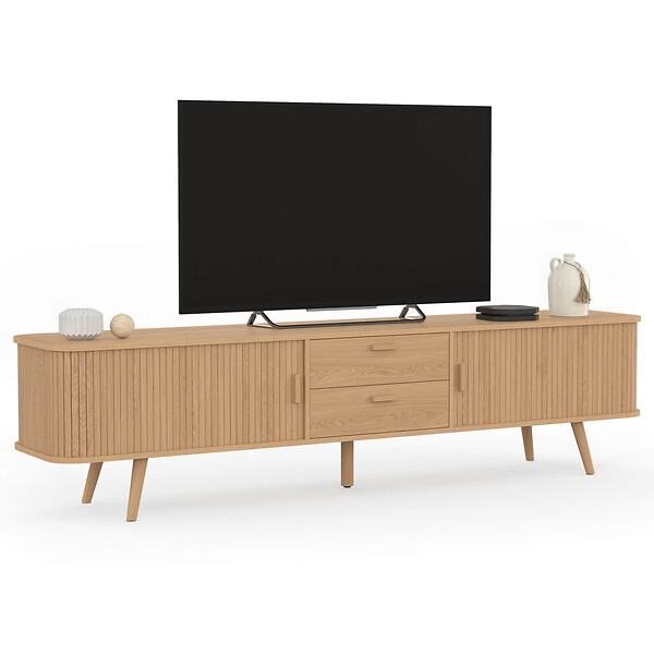 ID MARKET - Meuble TV 200 cm ROMIE 2 portes coulissantes et 2 tiroirs lattes tasseau bois coloris chêne - large