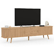 ID MARKET - Meuble TV 200 cm ROMIE 2 portes coulissantes et 2 tiroirs lattes tasseau bois coloris chêne - vignette