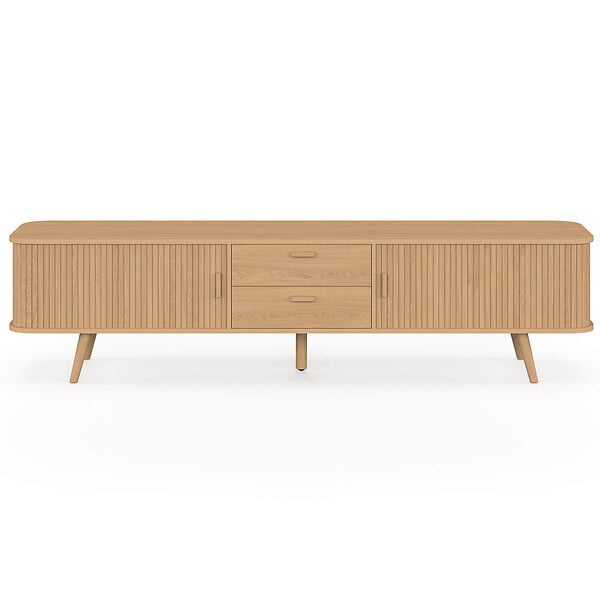 ID MARKET - Meuble TV 200 cm ROMIE 2 portes coulissantes et 2 tiroirs lattes tasseau bois coloris chêne - large