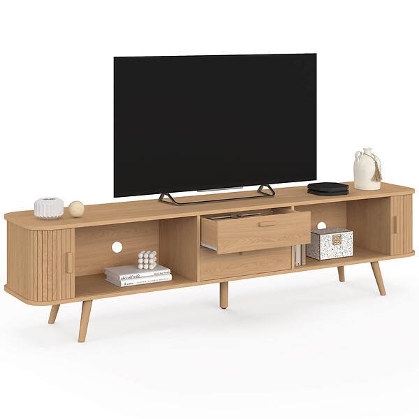 ID MARKET - Meuble TV 200 cm ROMIE 2 portes coulissantes et 2 tiroirs lattes tasseau bois coloris chêne - large