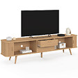 ID MARKET - Meuble TV 200 cm ROMIE 2 portes coulissantes et 2 tiroirs lattes tasseau bois coloris chêne - vignette