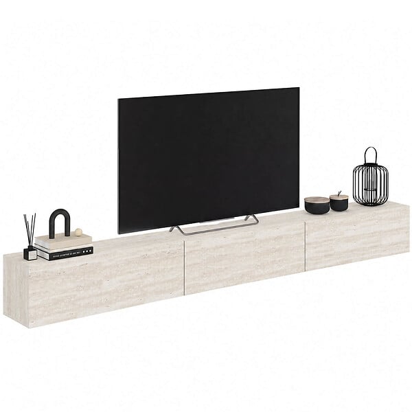 ID MARKET - Meuble TV 270 cm suspendu ELIO 3 portes effet travertin - large