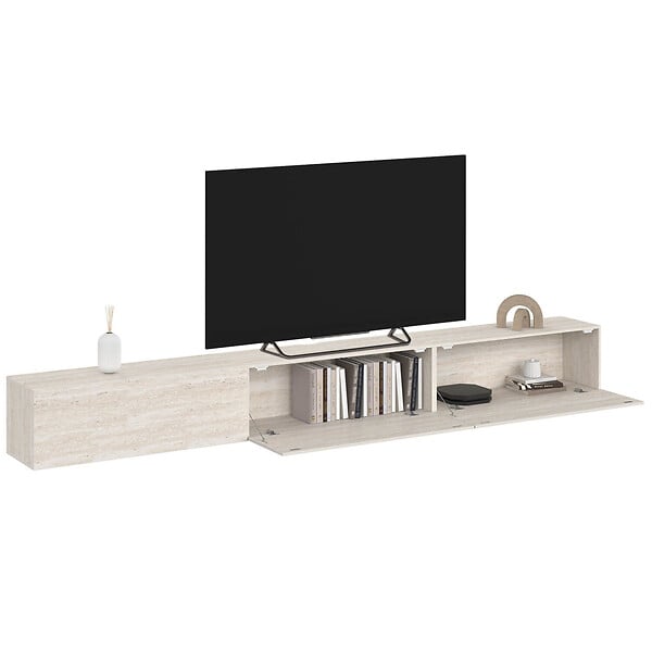 ID MARKET - Meuble TV 270 cm suspendu ELIO 3 portes effet travertin - large