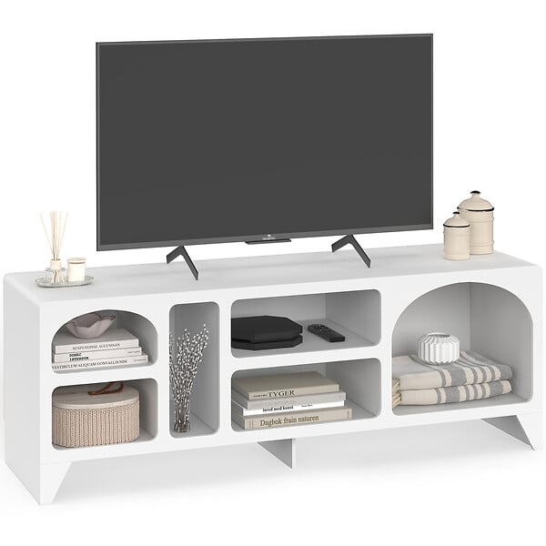 ID MARKET - Meuble TV 140 cm organique ALESIA 6 niches bois blanc - large