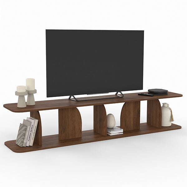 ID MARKET - Meuble TV 180 cm japandi EDITH bois effet noyer - large