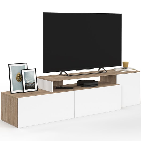 ID MARKET - Meuble TV 140-180 cm modulable d'angle BASILE rotatif bois et blanc - large