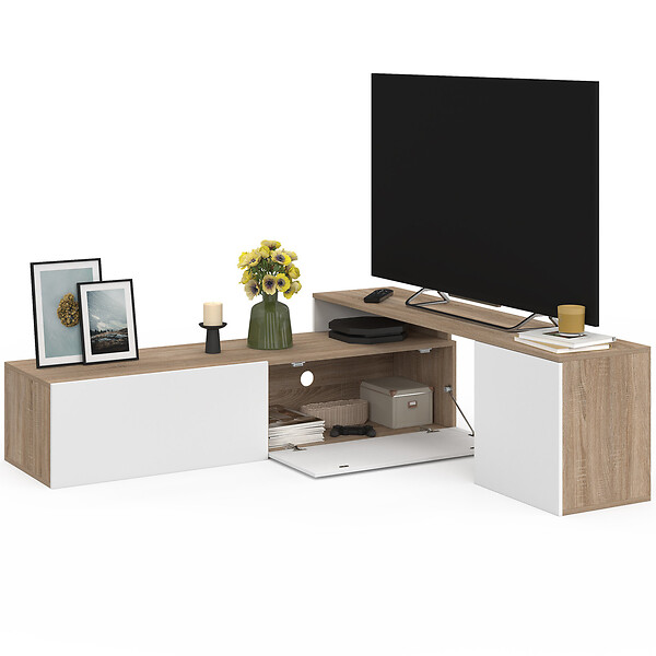ID MARKET - Meuble TV 140-180 cm modulable d'angle BASILE rotatif bois et blanc - large