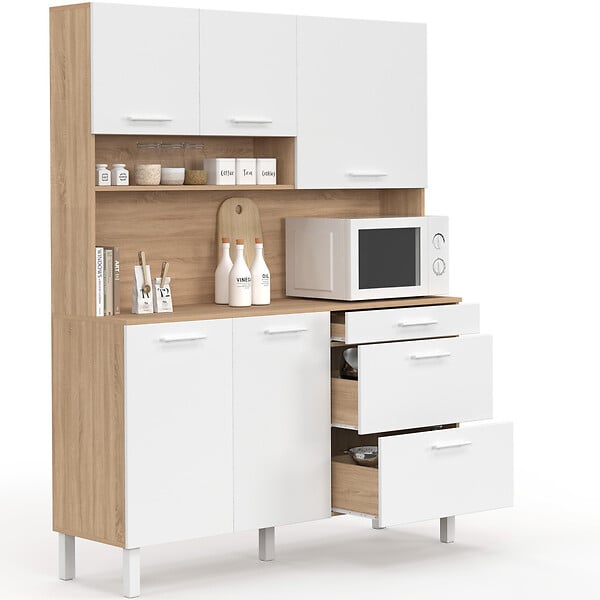 ID MARKET - Buffet casserolier de cuisine 140 cm CINA 5 portes + 3 tiroirs façon hêtre et blanc - large