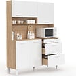 ID MARKET - Buffet casserolier de cuisine 140 cm CINA 5 portes + 3 tiroirs façon hêtre et blanc - vignette
