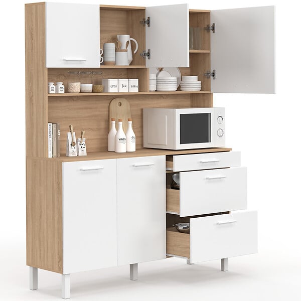 ID MARKET - Buffet casserolier de cuisine 140 cm CINA 5 portes + 3 tiroirs façon hêtre et blanc - large