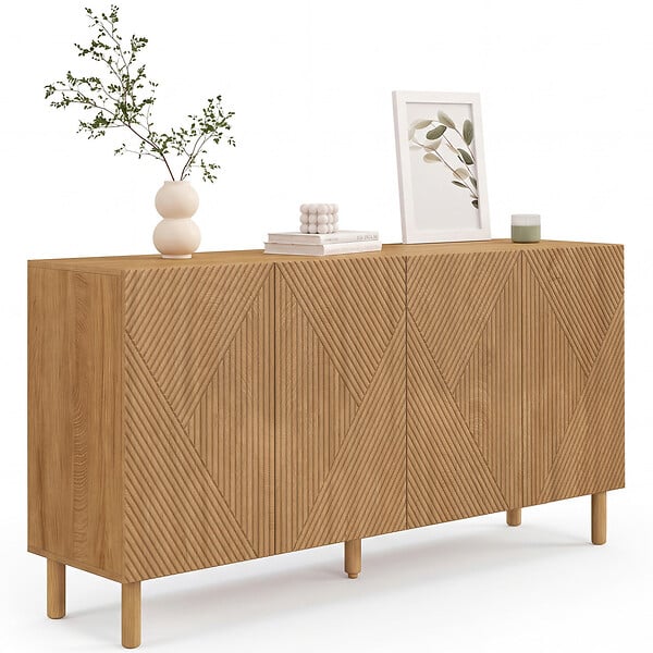 ID MARKET - Buffet 160 cm HIMARA 4 portes lattes géométriques bois clair - large
