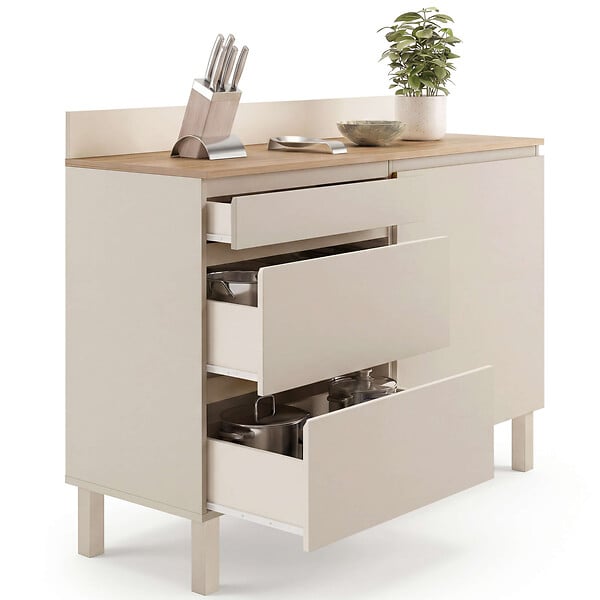 ID MARKET - Buffet bas casserolier de cuisine 120 cm CLAUDE plan de travail effet bois H.83 cm 1 porte + 3 tiroirs beige - large
