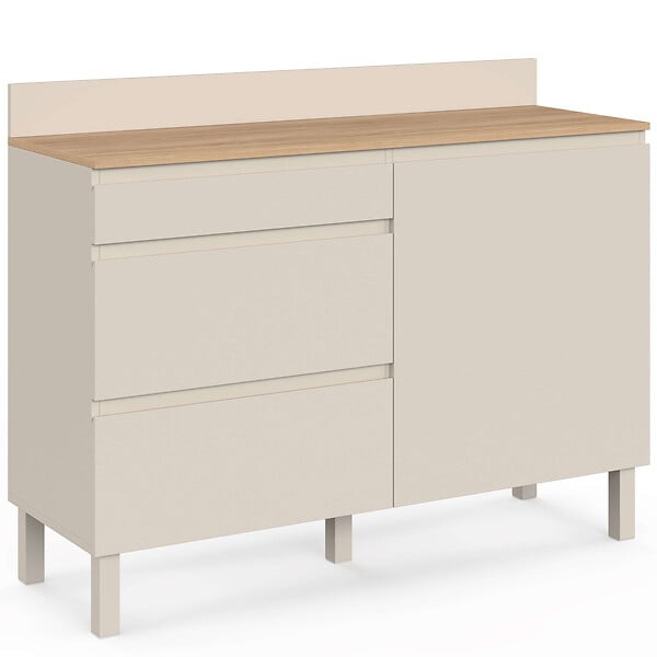 ID MARKET - Buffet bas casserolier de cuisine 120 cm CLAUDE plan de travail effet bois H.83 cm 1 porte + 3 tiroirs beige - large