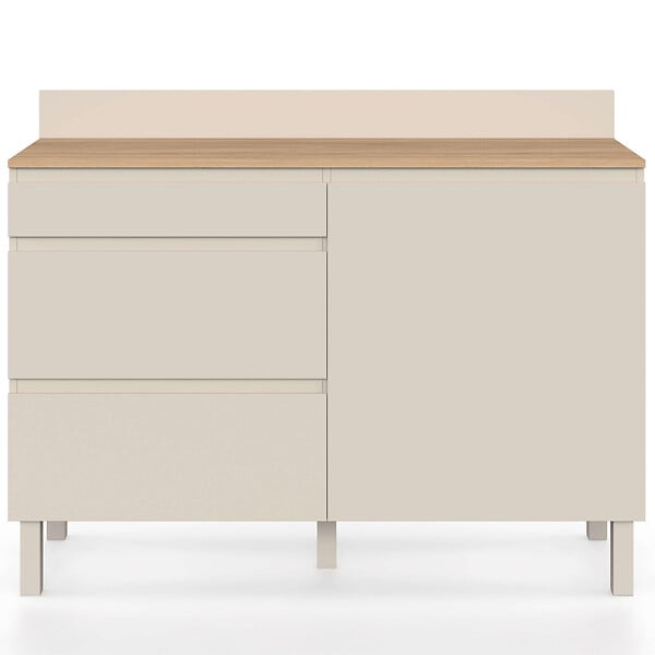 ID MARKET - Buffet bas casserolier de cuisine 120 cm CLAUDE plan de travail effet bois H.83 cm 1 porte + 3 tiroirs beige - large