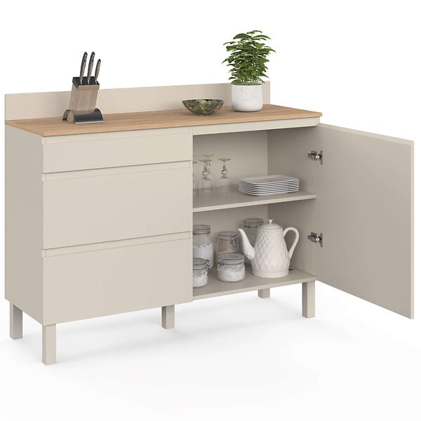 ID MARKET - Buffet bas casserolier de cuisine 120 cm CLAUDE plan de travail effet bois H.83 cm 1 porte + 3 tiroirs beige - large