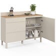 ID MARKET - Buffet bas casserolier de cuisine 120 cm CLAUDE plan de travail effet bois H.83 cm 1 porte + 3 tiroirs beige - vignette