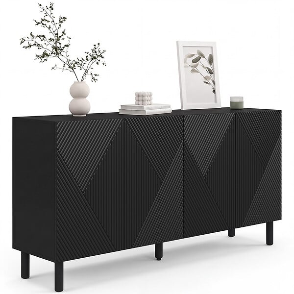 ID MARKET - Buffet 160 cm HIMARA 4 portes lattes géométriques bois noir - large