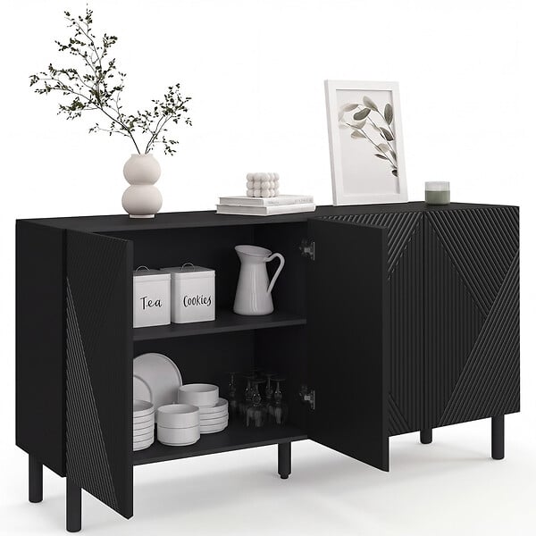 ID MARKET - Buffet 160 cm HIMARA 4 portes lattes géométriques bois noir - large
