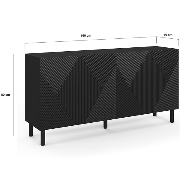 ID MARKET - Buffet 160 cm HIMARA 4 portes lattes géométriques bois noir - large