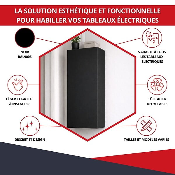 ATOLE - Coffret tableau électrique ATOLE 13 modules en acier noir  - H. utile : 610 mm - large
