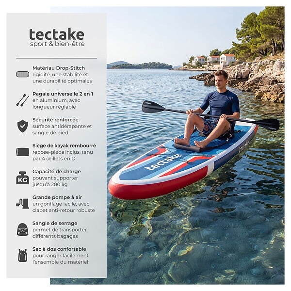 TECTAKE - Planche de stand up paddle gonflable siège de kayak jusqu'à 200 kg antidérapant pagaie double rouge bleu 320 x 84 x 39,5 cm kit complet - large