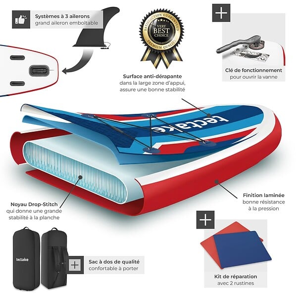 TECTAKE - Planche de stand up paddle gonflable siège de kayak jusqu'à 200 kg antidérapant pagaie double rouge bleu 320 x 84 x 39,5 cm kit complet - large