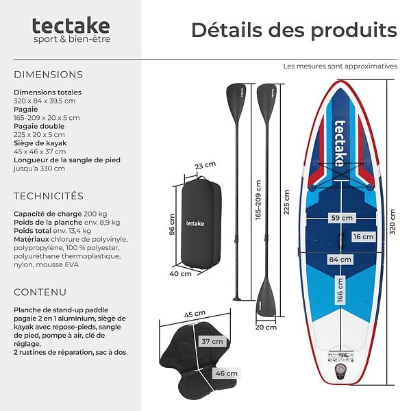 TECTAKE - Planche de stand up paddle gonflable siège de kayak jusqu'à 200 kg antidérapant pagaie double rouge bleu 320 x 84 x 39,5 cm kit complet - large