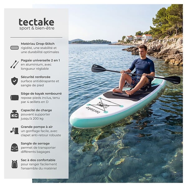 TECTAKE - Planche de stand up paddle gonflable siège kayak jusqu'à 200 kg antidérapante raquette double blanc turquoise 320 x 84 x 39,5 cm - large