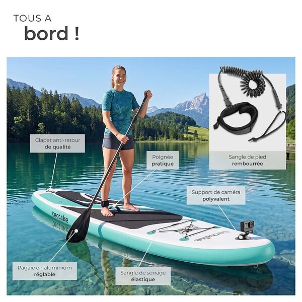 TECTAKE - Planche de stand up paddle gonflable avec support pour appareil photo siège de kayak antidérapant jusqu'à 200 kg blanc et turquoise 320 x 84 x 39,5 cm - large