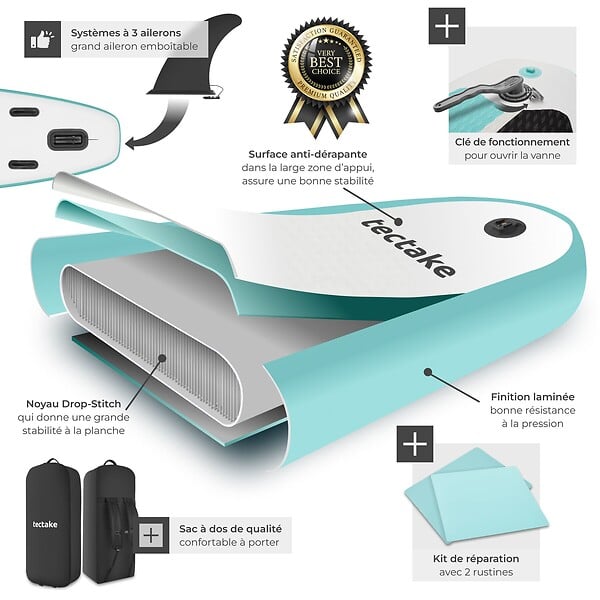 TECTAKE - Planche de stand up paddle gonflable avec support pour appareil photo siège de kayak antidérapant jusqu'à 200 kg blanc et turquoise 320 x 84 x 39,5 cm - large