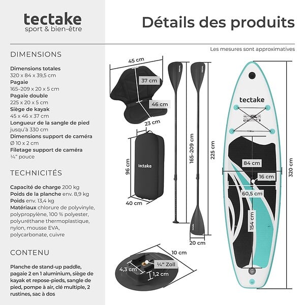 TECTAKE - Planche de stand up paddle gonflable avec support pour appareil photo siège de kayak antidérapant jusqu'à 200 kg blanc et turquoise 320 x 84 x 39,5 cm - large