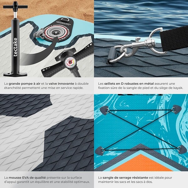 TECTAKE - Planche de stand up paddle gonflable siège de kayak jusqu'à 200 kg antidérapant raquette double turquoise orange 320 x 84 x 39,5 cm kit complet - large