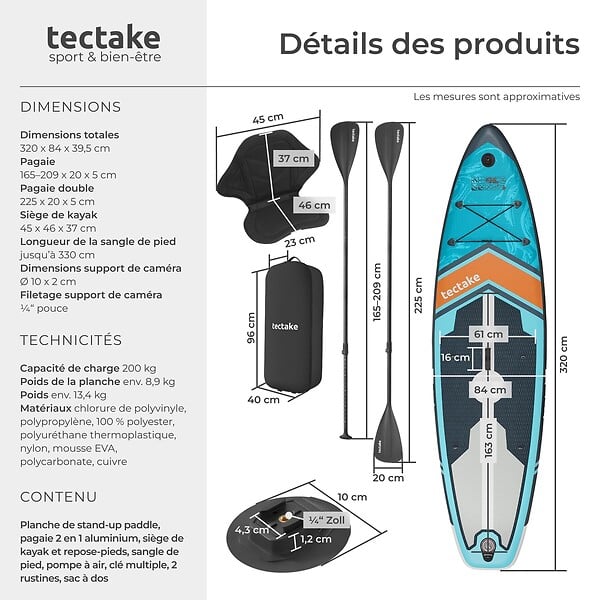 TECTAKE - Planche stand up paddle gonflable 2 en 1 avec support appareil photo siège kayak antidérapant 200 kg turquoise orange 320x84x39,5 cm kit complet - large