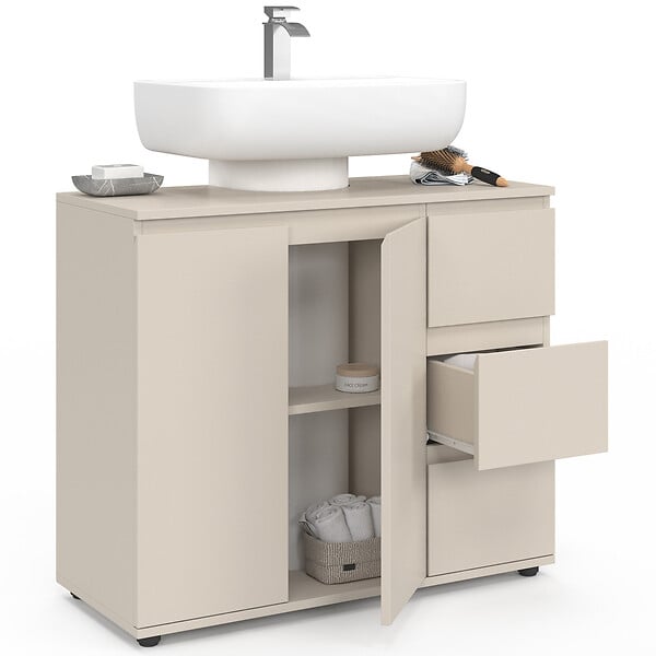 ID MARKET - Meuble sous lavabo salle de bain TOMI avec placard et 3 tiroirs beige - large