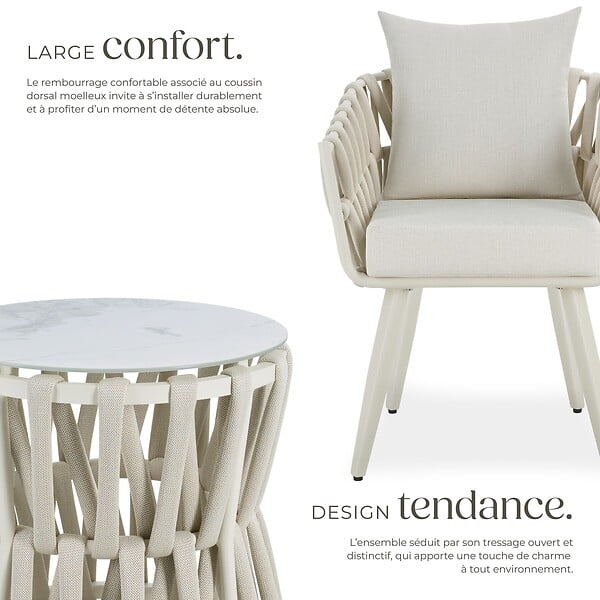 TECTAKE - Chaise 2 places avec table en rope design beige coussin assise 10 cm dossier 15 cm - large