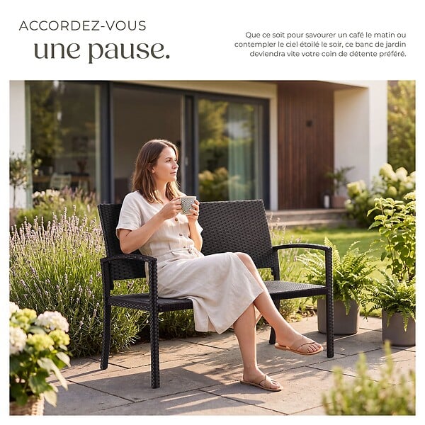 TECTAKE - Banc de jardin 2 places résistant intempéries en en polyrotin noir avec accoudoirs dossier haut 125x62 5x90 cm - large
