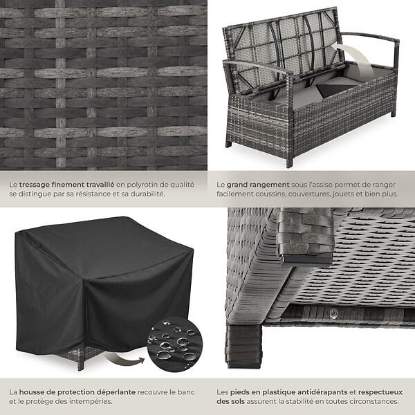 TECTAKE - 2 Places banc de jardin gris résistant aux intempéries 128 x 56 x 77,5 cm capacité de rangement 160 l avec housse de protection - large