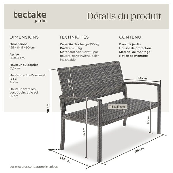 TECTAKE - Banc de jardin 2 places en polyrotin gris résistant aux intempéries avec accoudoirs et dossier haut 125x62,5x90 cm - large