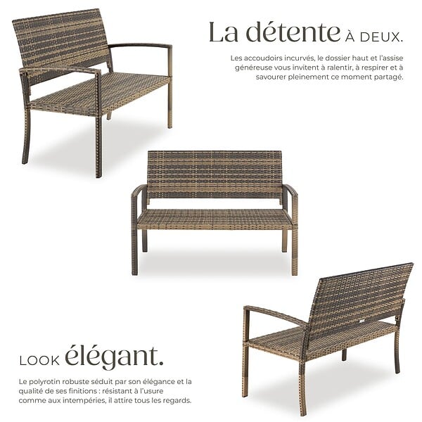 TECTAKE - 2 Places banc jardin résistant intempéries en polyrotin marron naturel 125x62 5x90 cm avec housse protection - large